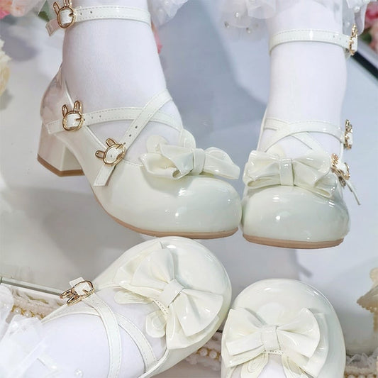 - with Lolita Leather Shoes Bow White Round PU Toe Low-heel Sweet