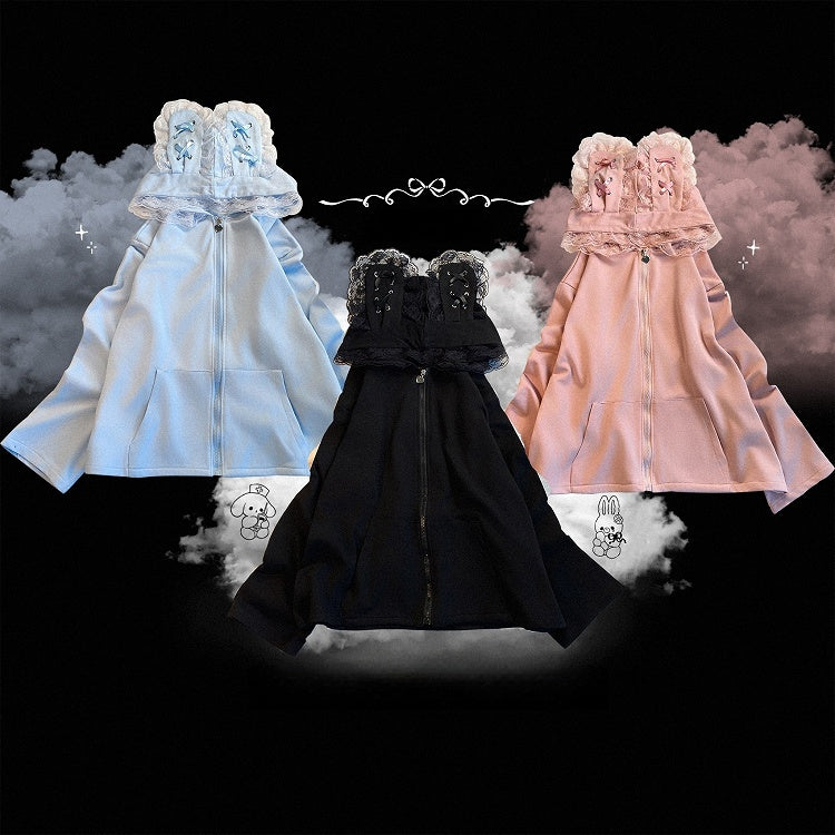 Jirai Crossed Bunny Kei Otaku Hood with Zip-Up Ears Hoodie