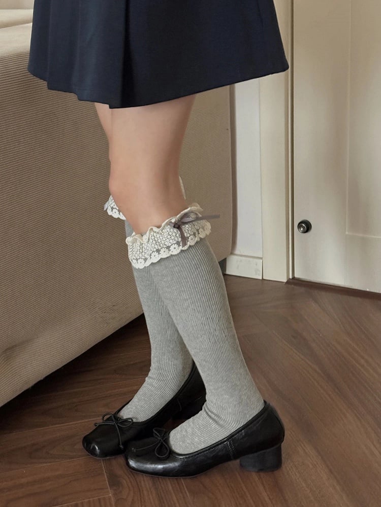 Cuffs Stockings Ribbed with Bow Ruffle Lace