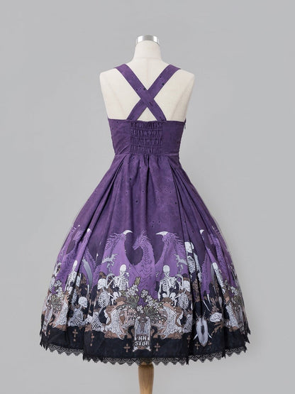 Purple Skeleton Cross Print Under Bust Gothic Lolita Dress with Black Lace Trim - NnSTAR