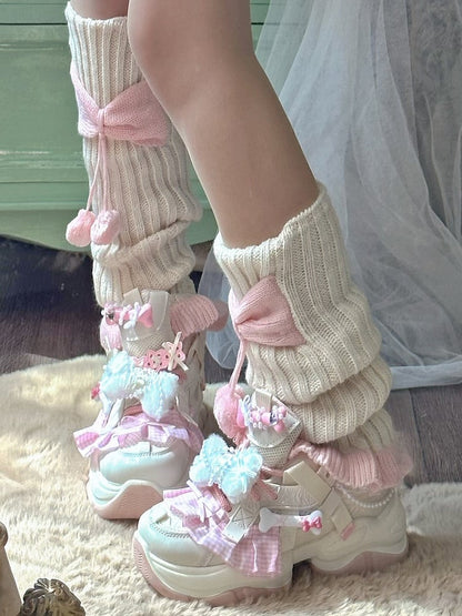 Style Pink Pom-pom Bow with Knitted Beige Accents Warmers Y2K Leg Details