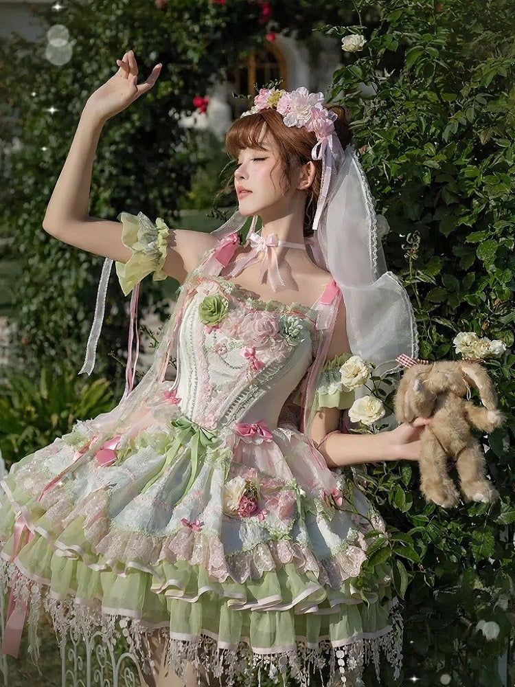 Sweet Lolita JSK Set with Floral Crown and Detachable Sleeves - Sweetheart Macaron Lolita