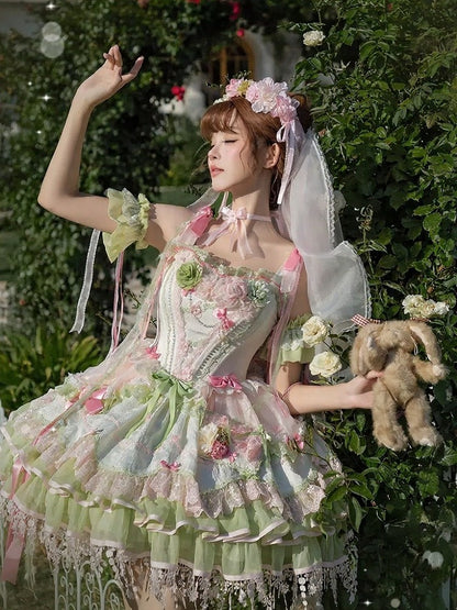 Sweet Lolita JSK Set with Floral Crown and Detachable Sleeves - Sweetheart Macaron Lolita