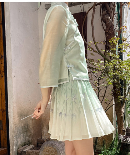 Green Willow and Swallow Print Cheongsam Light Style