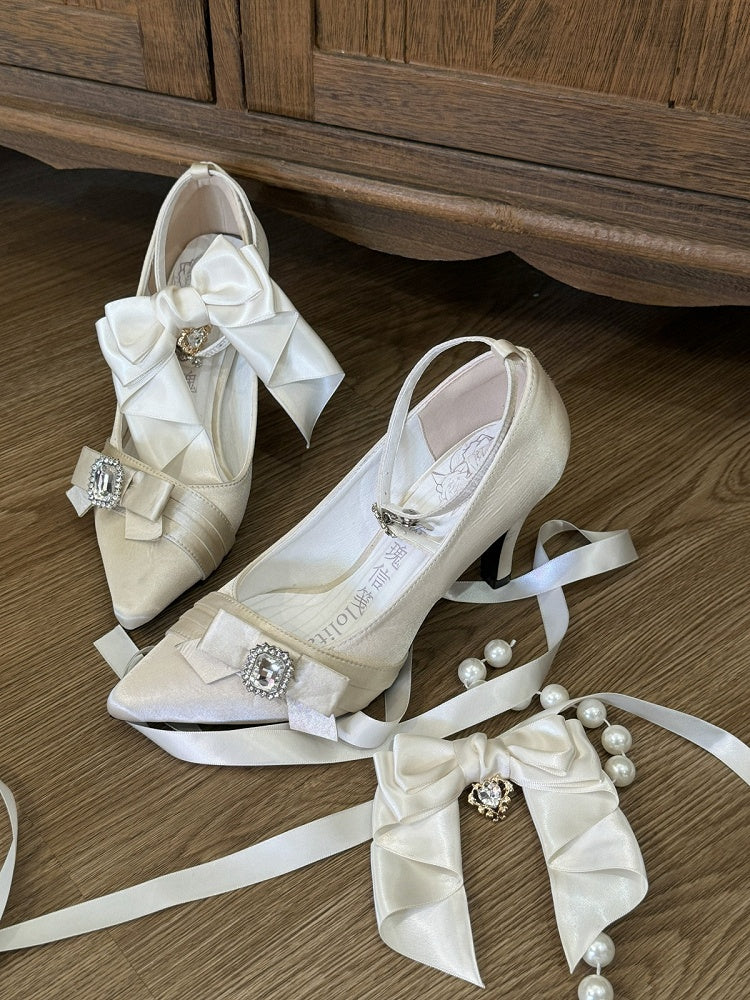 Champagne Crystal Embellished Bowknot 8cm High Heels - Rose Letter