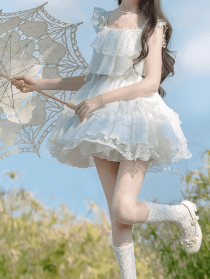 and Brooch with Waist Belt Tiered Lace Trim Flutter Sleeves Dress Sweet White