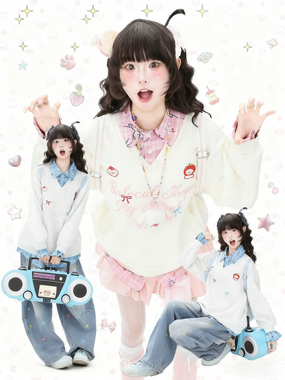 Design Blue/Pink Plaid Polo Two-Piece Faux Sweatshirt Collar