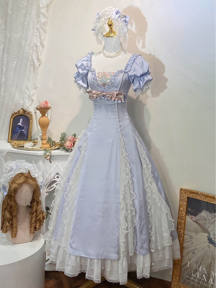 Robe élégante Lolita Empire bleue cintrée à la taille et à encolure carrée fleurie BE005