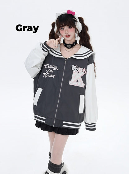 Navy Blue/Gray Sailor Collar Kitty Embroidered Baseball Jacket