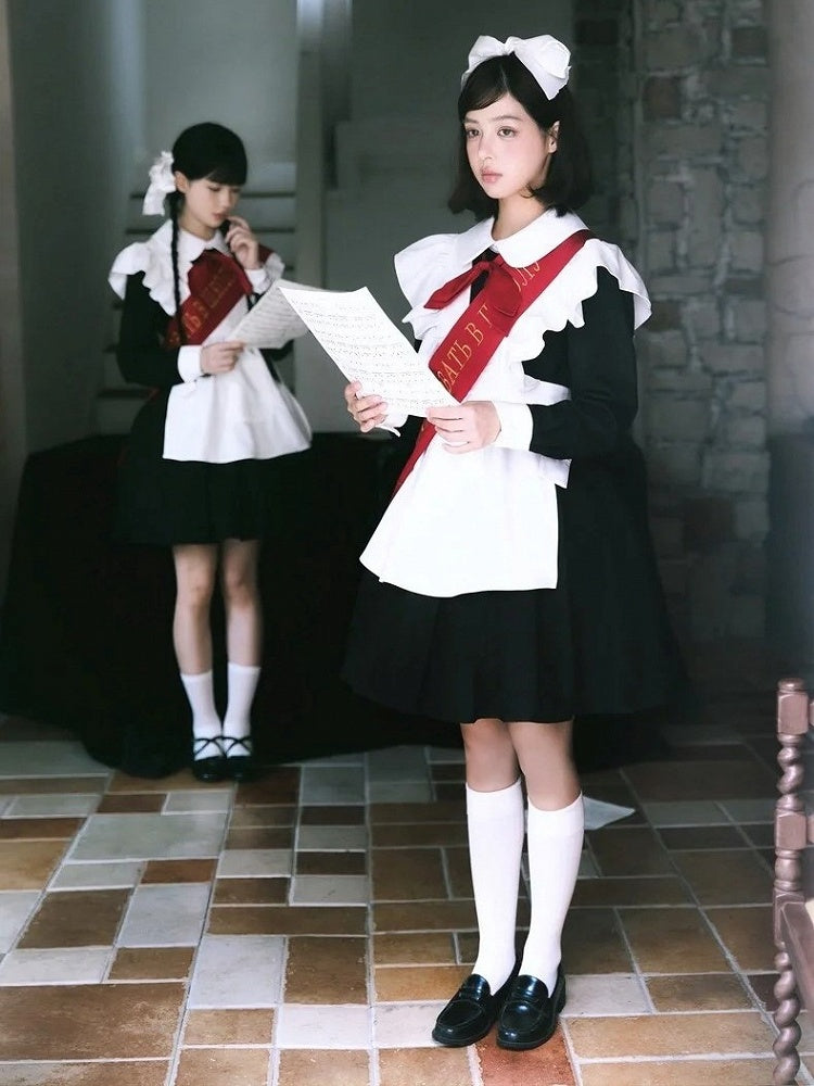 Red Black Bow Full Pleated Embroidered Maid Tie Ribbon with Sleeves Set + Lolita Apron Long Dress