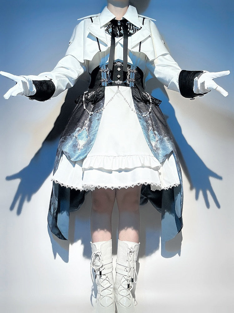 Taillen-Lolita-Militär-Set High-Low + Korsett, kurze weiße ärmellose Ärmel, voller Rock, futuristisches langes Top-Kleid