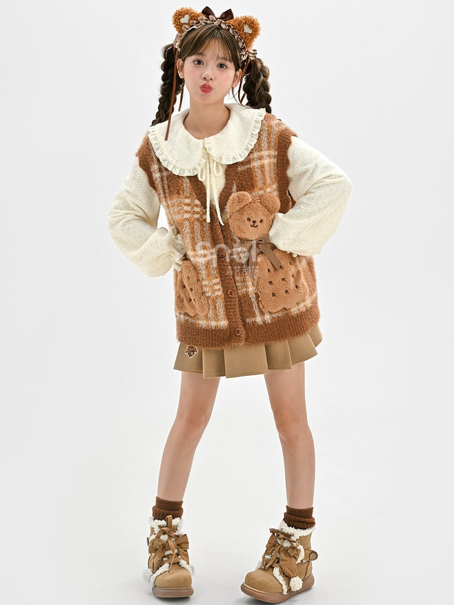 Brown Cute Cookie Bear Adorned Plaid Vest