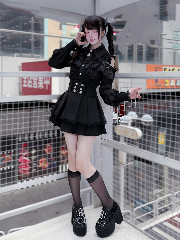 Kei Look Blouse Buckle Cutout Black Shoulder Heart Decorative with | Jirai