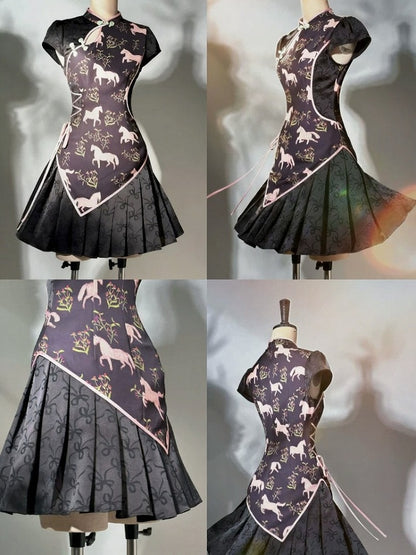 Sweet Cheongsam Dress with Horse Pattern & Pleated Skirt - sijinstudio