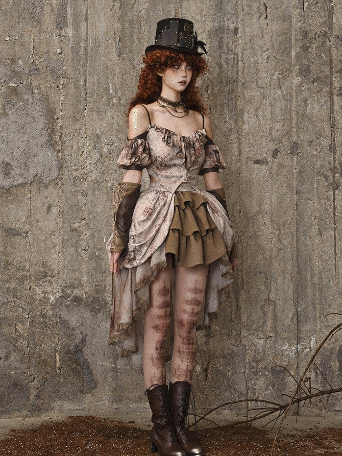 High-Low-Rock aus Jacquard mit Batikmuster und Rüschenbesatz