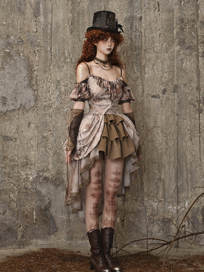 High-Low-Rock aus Jacquard mit Batikmuster und Rüschenbesatz