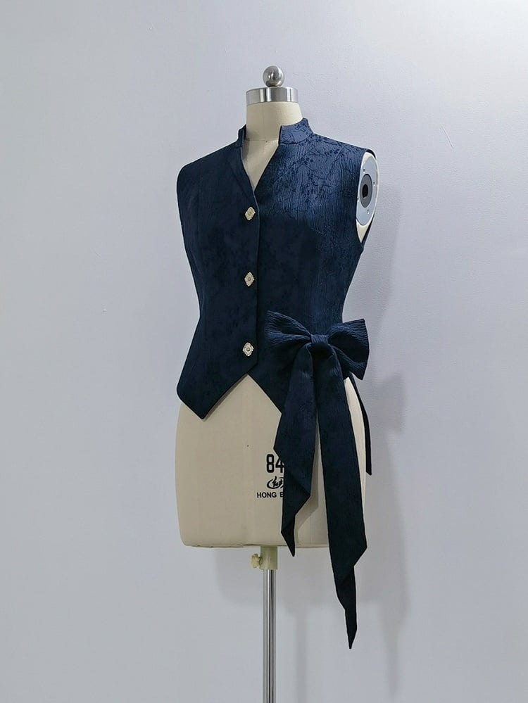 Blaue, modische Weste aus Jacquard mit Ouji-Kragen und Prince-Stil-Bändern