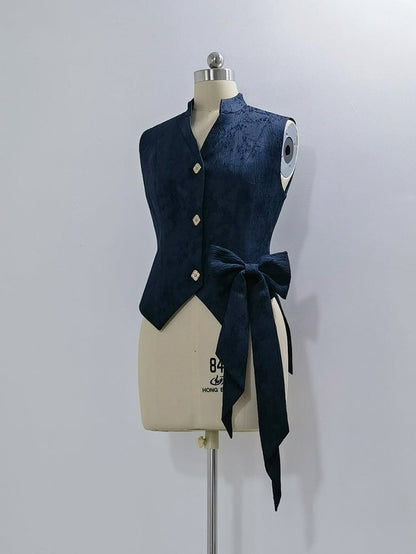 Blaue, modische Weste aus Jacquard mit Ouji-Kragen und Prince-Stil-Bändern