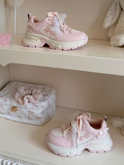 Front Lace-up Details Ties Sneakers Bowknot Decorated Beaded Pink