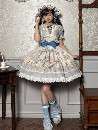 Blaues Lolita-Kleid mit Rüschen und Rundhalsausschnitt, Kätzchen- und Teddy-Print, Sweet Lolita OP