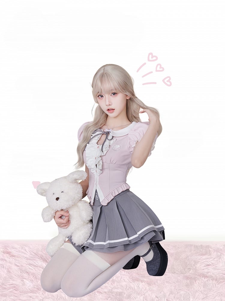 Pink Peter Pan Collar Puff Sleeve Blouse with Ruffle Trim and Bow Tie