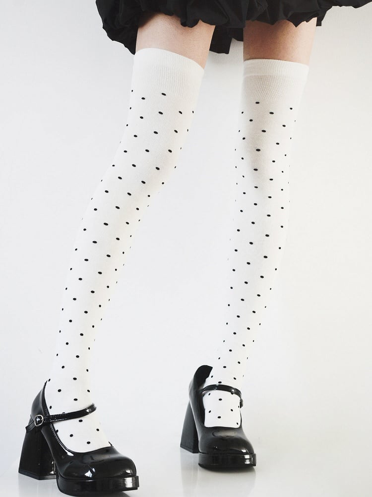 Retro Stockings Over knee Sliming Pattern Black/White/Gray Polka-dot