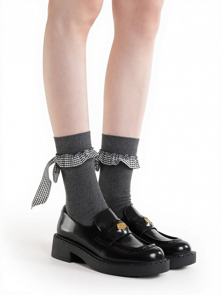 Ribbed Ankle Socks with Plaid Bow Decoration - ModaSwings