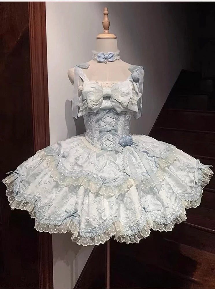 Blue Lolita Bow JSK Jacquard Apricot Doll-Style Lace Dress Floral with