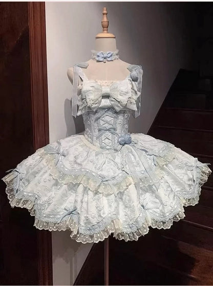 Blue Lolita Bow JSK Jacquard Apricot Doll-Style Lace Dress Floral with