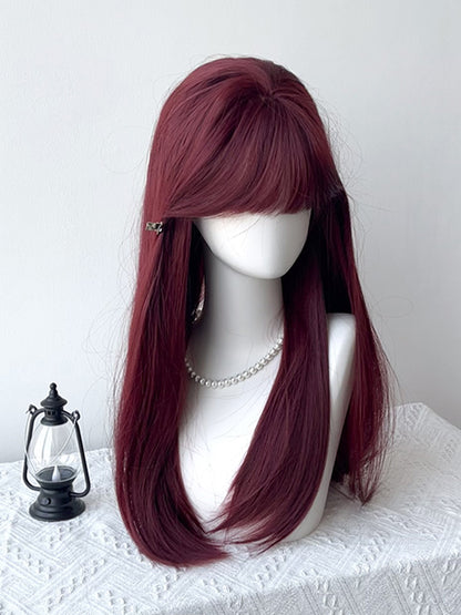 Full Long 65CM Straight with Bangs Burgundy Wig