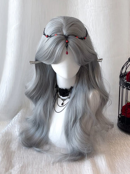 Wig Curtain Gray 68CM Smoky Wavy with Bangs