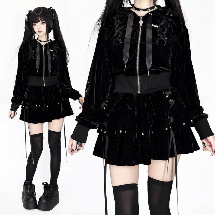 Kei Velvet Black Lace-Up Jirai Stud-Decorated Hoodie Dark
