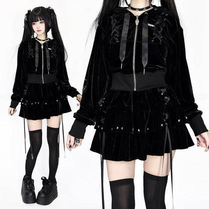 Kei Cross-Decorated Velvet Studs Dark Lace-Up Black Jirai Multi-Layer with Skirt