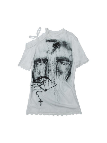 Lace-Trimmed Shoulder with Print Black Denim Lace-Up T-shirt Punk Detail White
