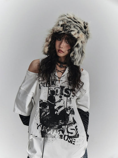 Graffiti Crossed White Shoulder Cut-Out Sleeve with V-Neck Punk Ties Striped Tee