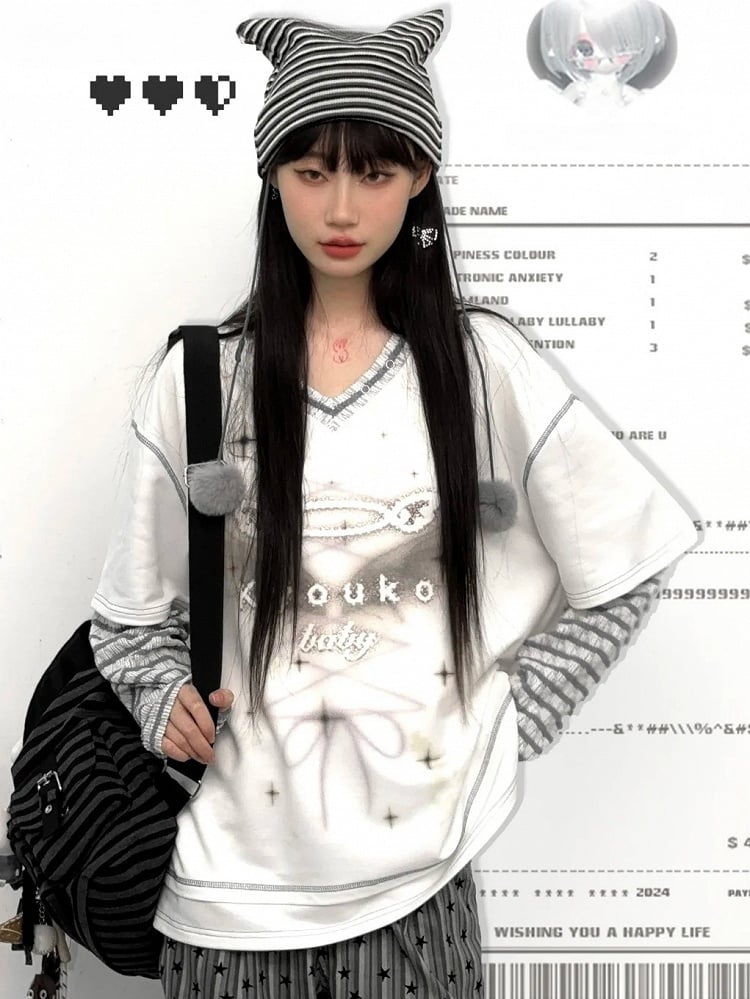 White Layered-Look V-Neck Graphic T-Shirt