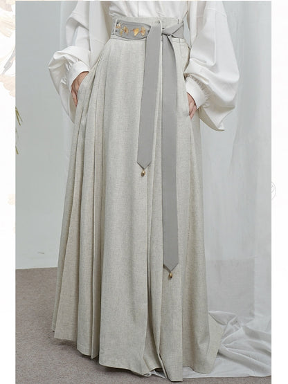 Elastic Chinese Skirt Off-white in Partial Style Pleated Waist