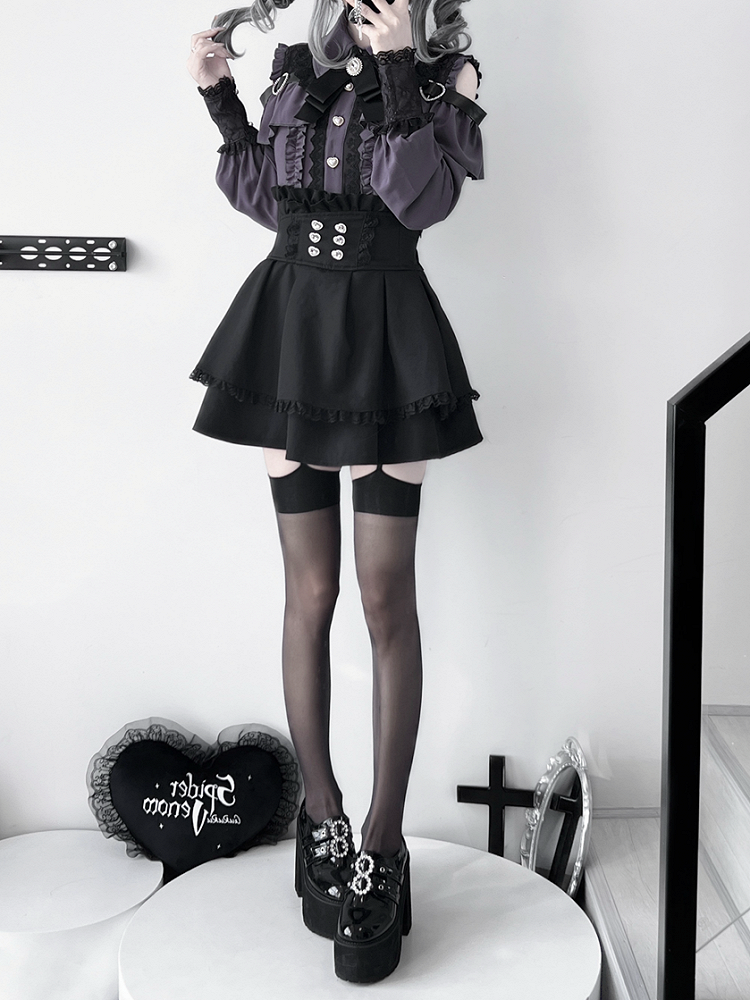 Purple Shoulder with Blouse: Dark Buckle Long Button Kei Heart Sleeve Jirai Front Cutout