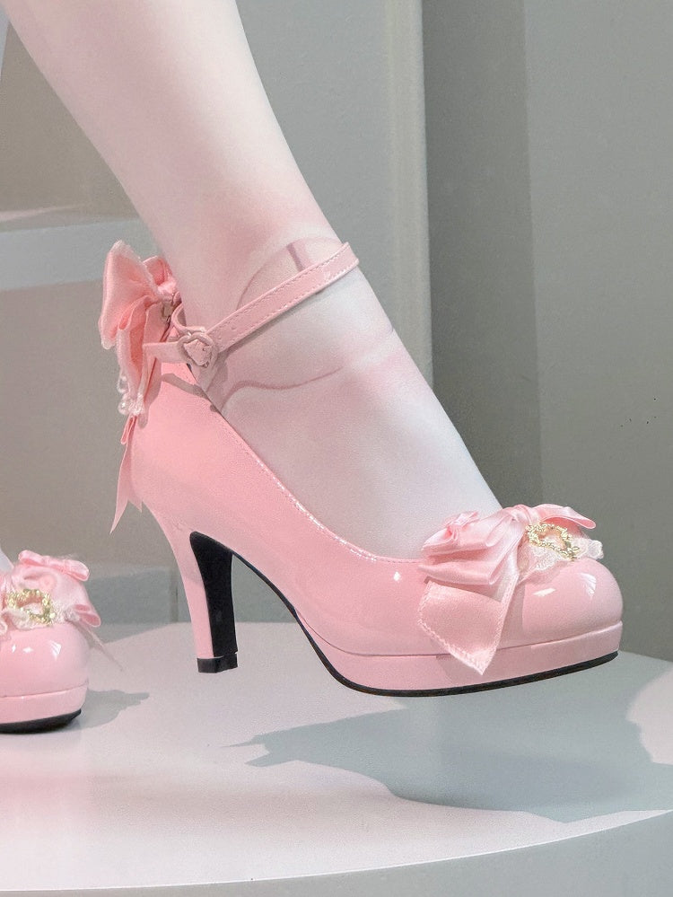 PU Closure Janes Heeled Top Elegant Heart Mary Lolita Bow Pink Lace - Trim Snap with