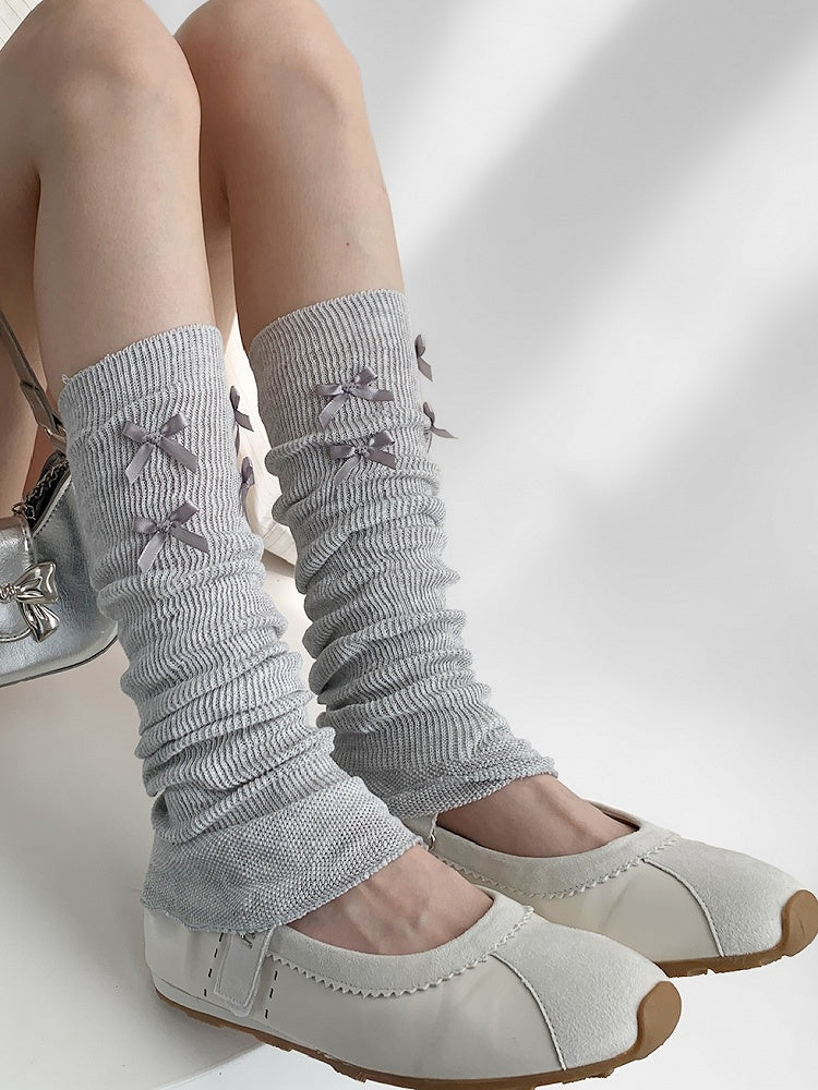 Details Leg Bowknot Gray/White Warmers Knitted