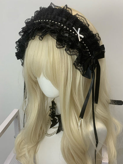 Details Decorated Hairband Ruffled Black/White Bowknot Studs