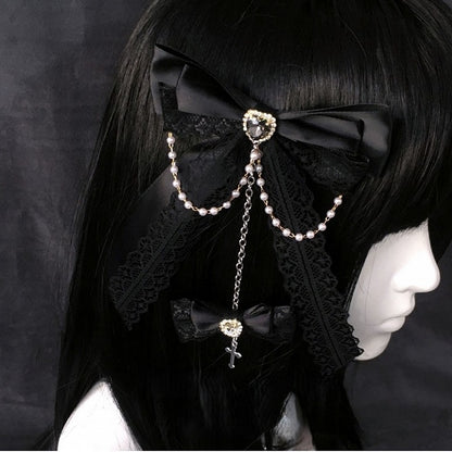 Chain Heart Lace Bow Beads Rhinestone with Hairclip Black/White/Lightblue