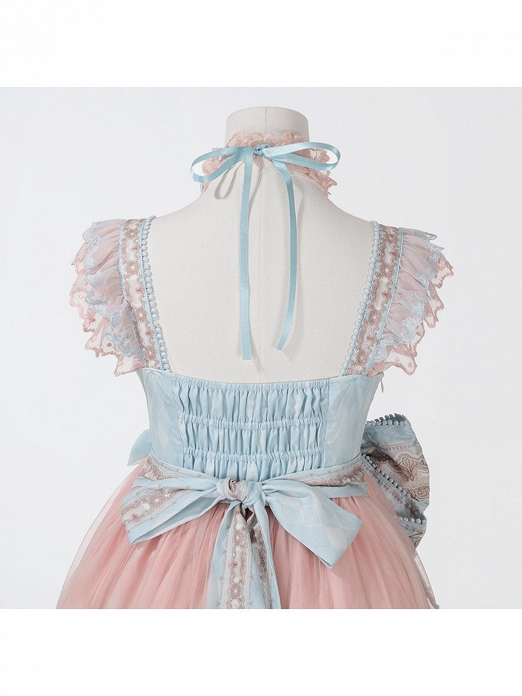 Amusement Park Themed Sleeveless Lolita Frock in Sweet Pink & Blue with Lace Choker - Xiong Dou Jiang