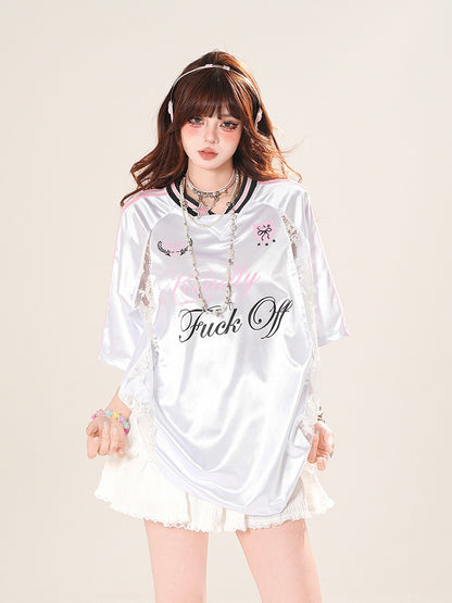 VネックTシャツ コントラストレースパッチ ブロケット コアピンク