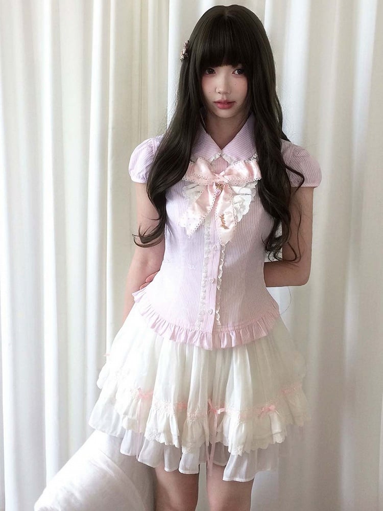 Pink Details Lace Blouse Seiso-Kei Ruffle Short Sleeve Striped With Bow Style