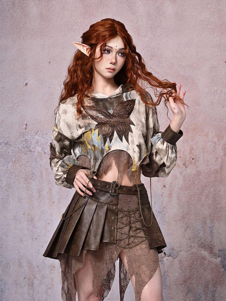 Skirt Punk Dark Pleated Wasteland Handkerchief Chains Brown Decorated