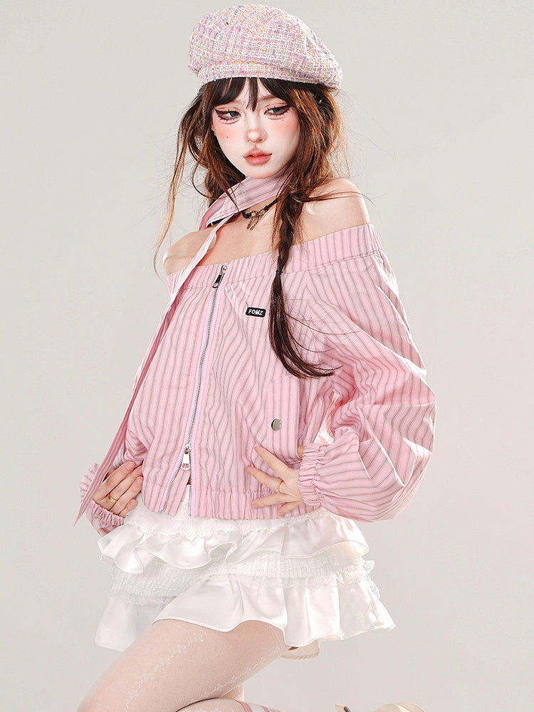 Pink/Blue Off-the-shoulder Neckline Striped Zip Closure Top with Free Scarf