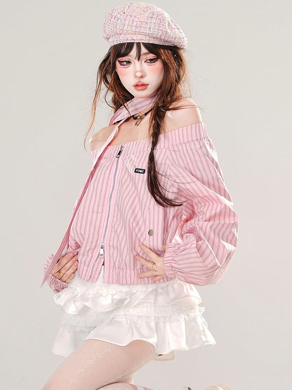 Pink/Blue Off-the-shoulder Neckline Striped Zip Closure Top with Free Scarf