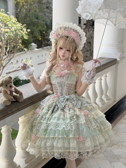 Green Layered JSK Dress with Floral Bow Accents - Pear Island Sweet Tea