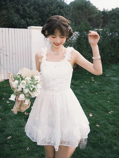 Sleeveless Dress Embellished Sweet White Ruffled Square Neckline Butterfly